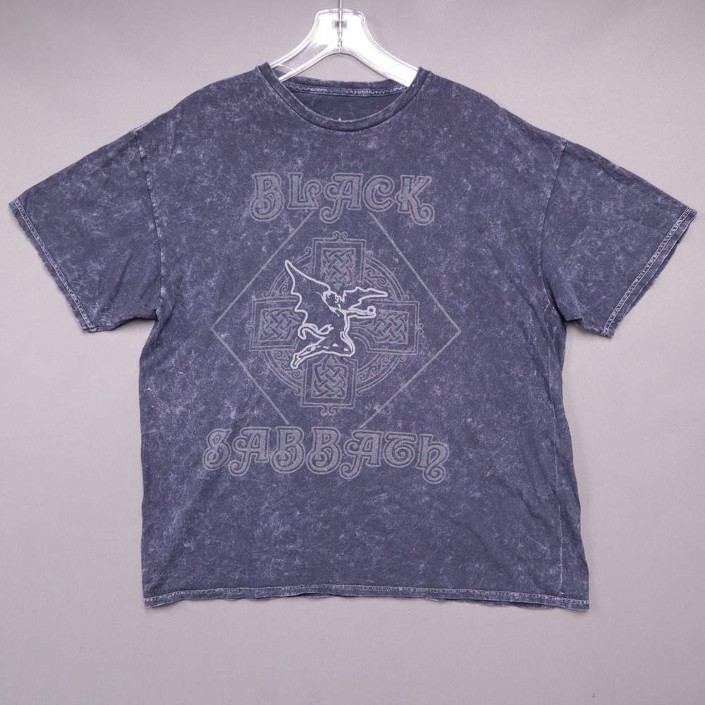 Black Sabbath Acid Wash Graphic T-Shirt Henry Logo Celtic Cross Purple Grey